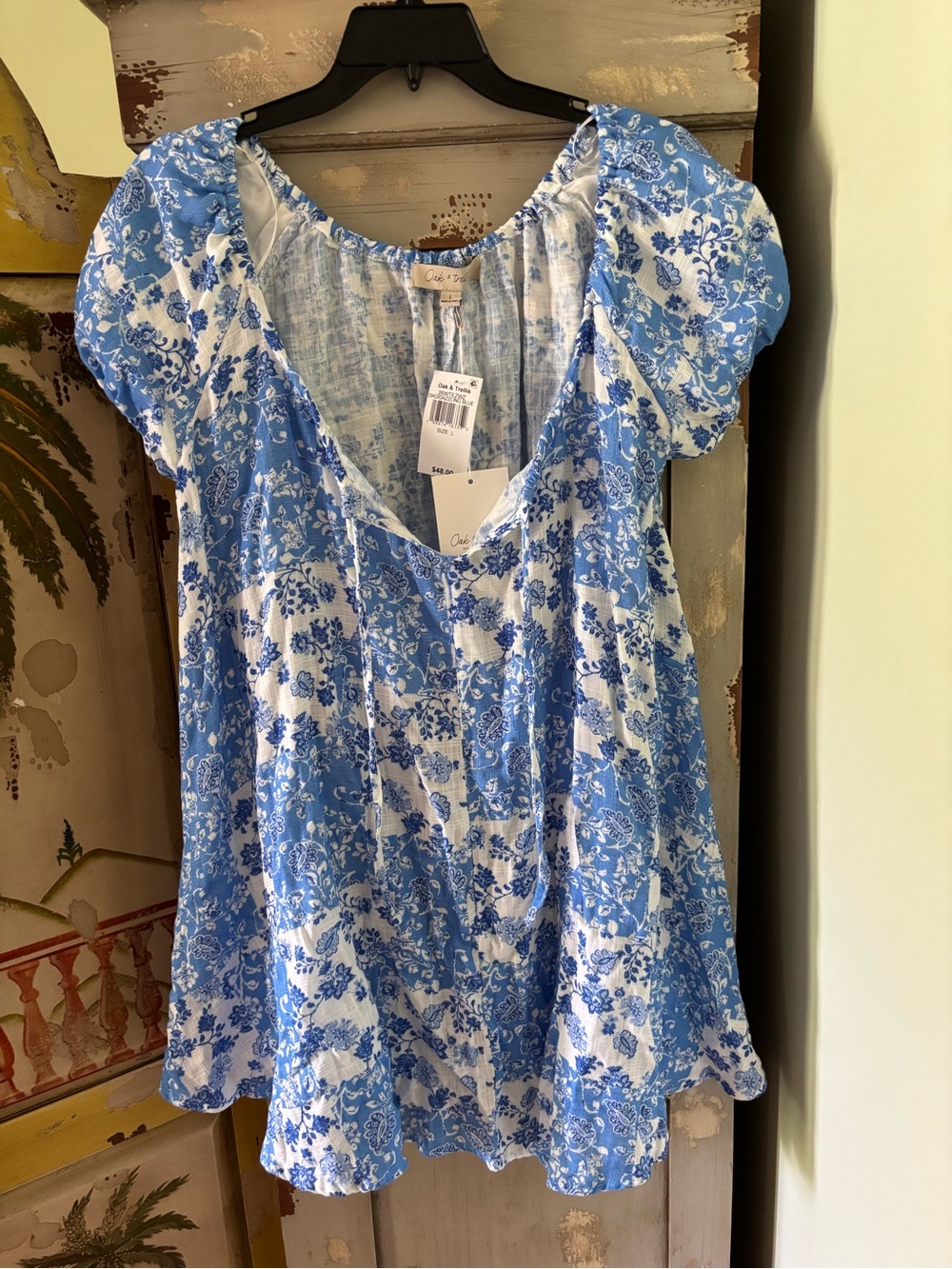 OAK Blue and White Floral Puff-Sleeve dress short